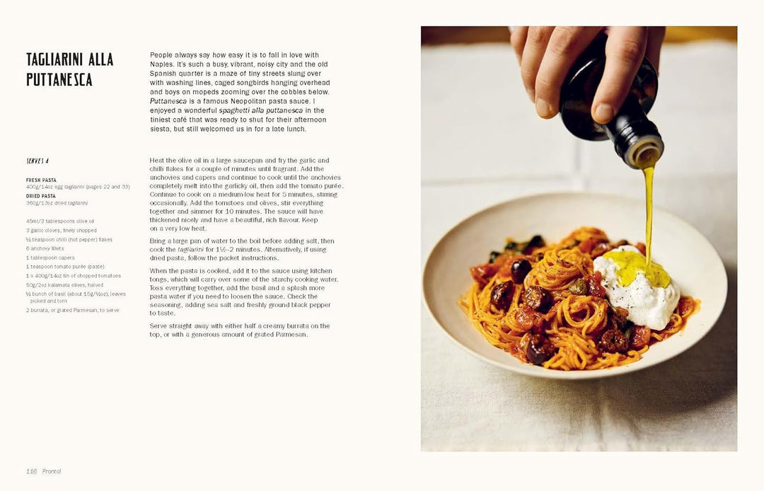 Pasta dish with olive oil being drizzled over it, text on the left side.