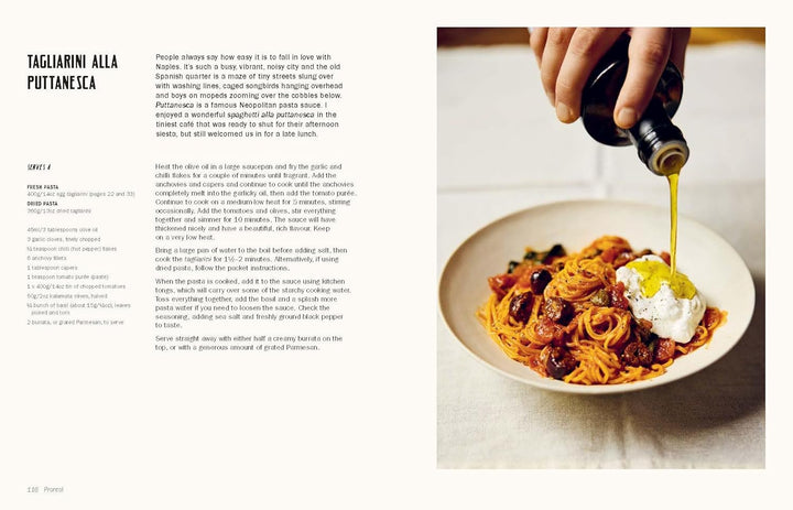 Pasta dish with olive oil being drizzled over it, text on the left side.