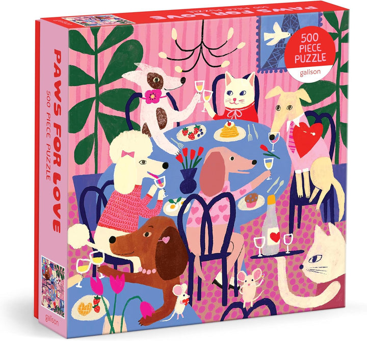 Puzzle box with cartoon dogs at a dinner party on a pink background