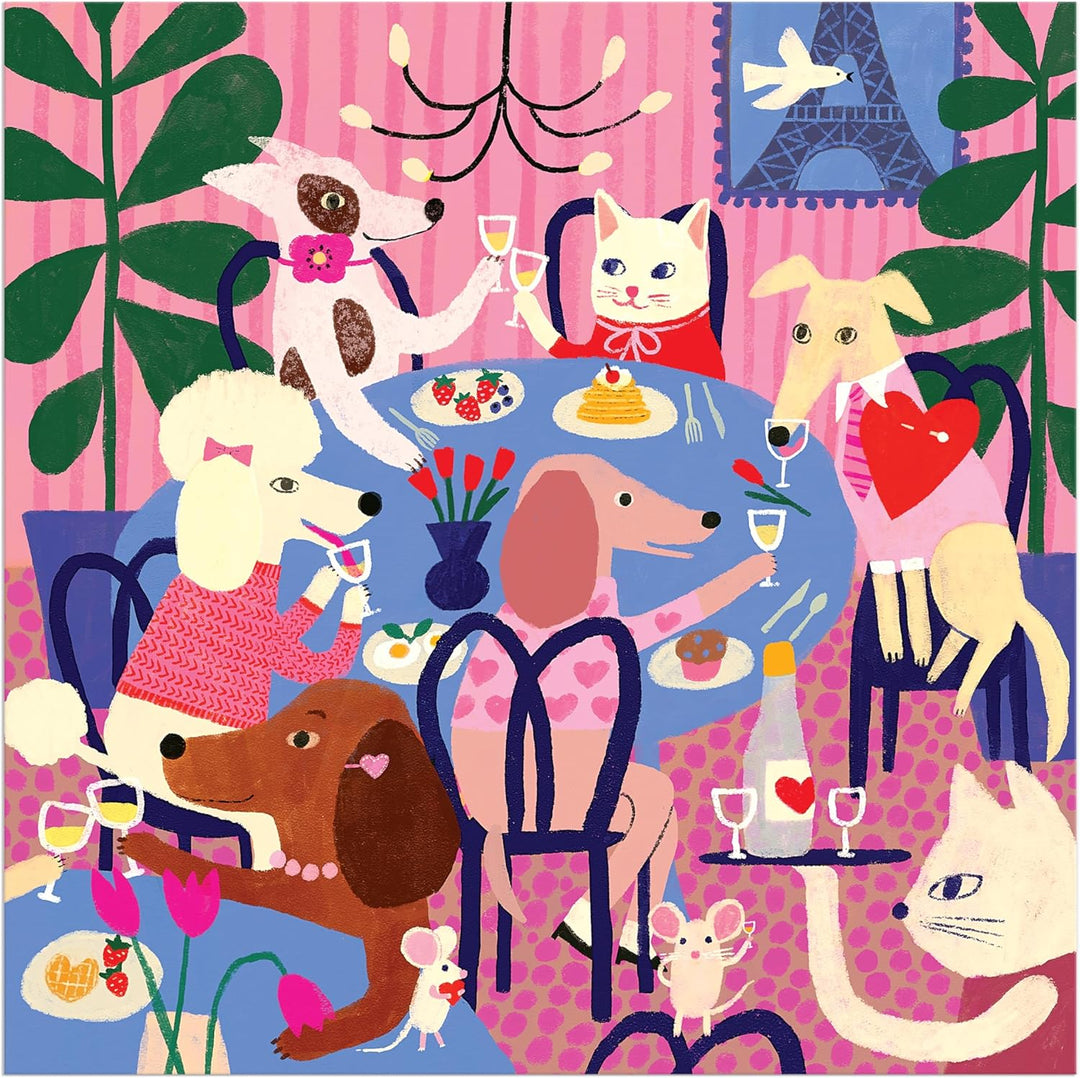 Illustration of animals at a dinner party with a pink background
