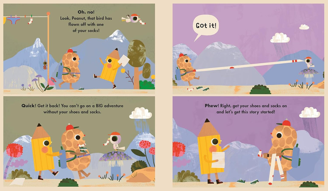 Illustrated book pages with characters and text in a colorful, cartoon-like style.