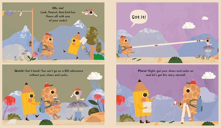 Illustrated book pages with characters and text in a colorful, cartoon-like style.