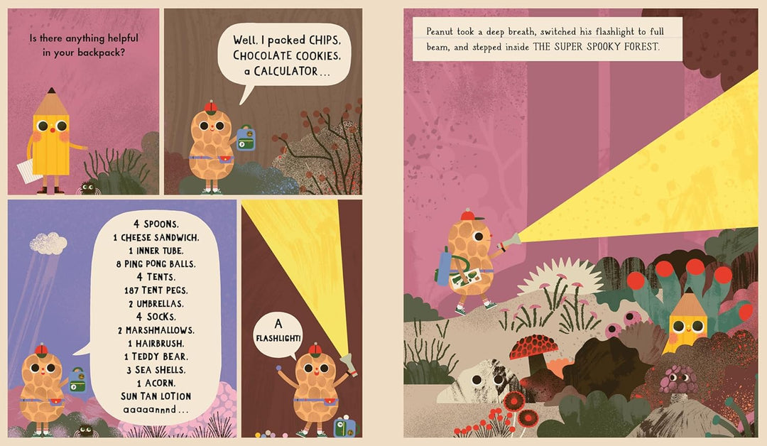 Illustrated book page with characters and text in a colorful forest setting