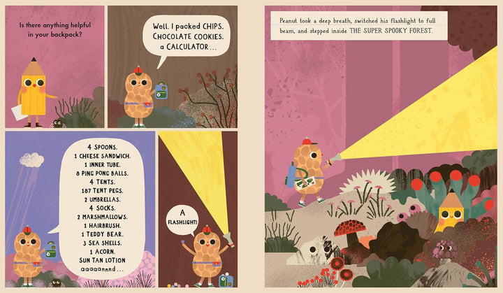 Illustrated book page with characters and text in a colorful forest setting