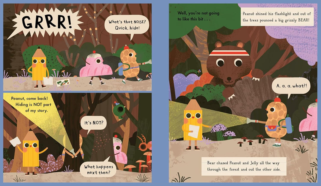 Children's book illustration with characters in a forest setting