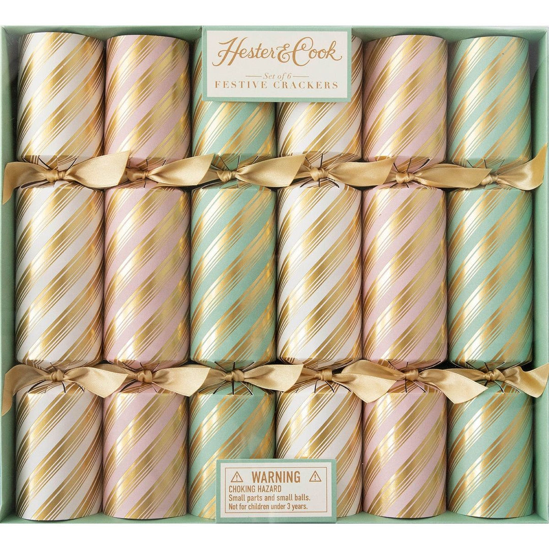 Set of Hester & Cook festive crackers with striped design in a box.