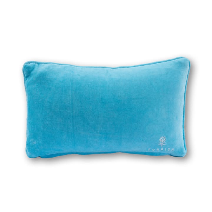 Blue pillow with a brand logo on a white background