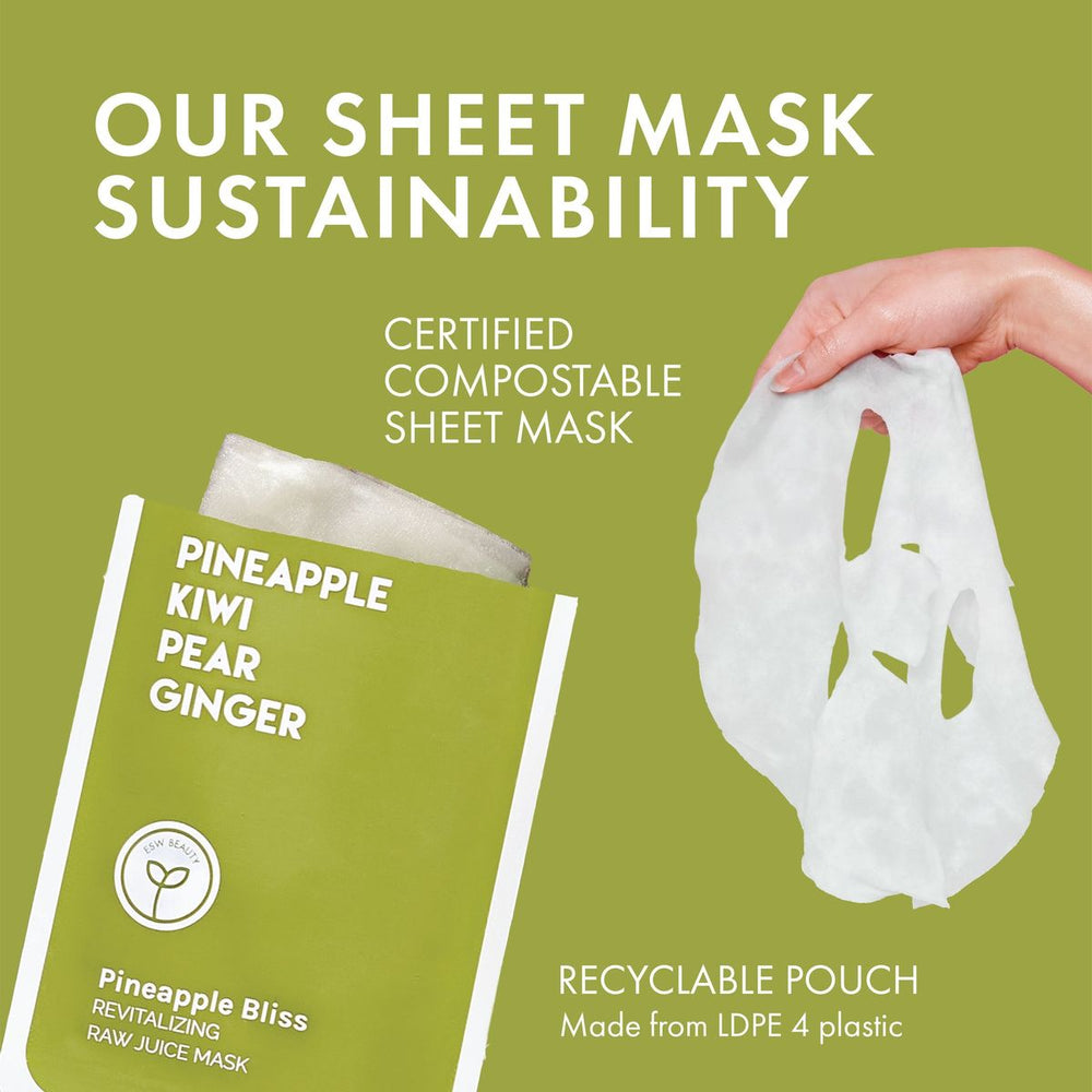 Sheet mask with compostable packaging and sustainability information on a green background