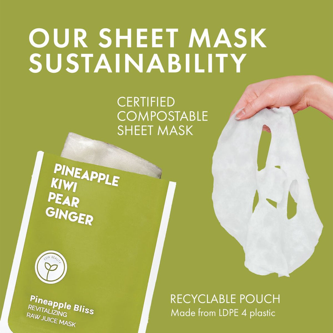 Sheet mask with compostable packaging and sustainability information on a green background