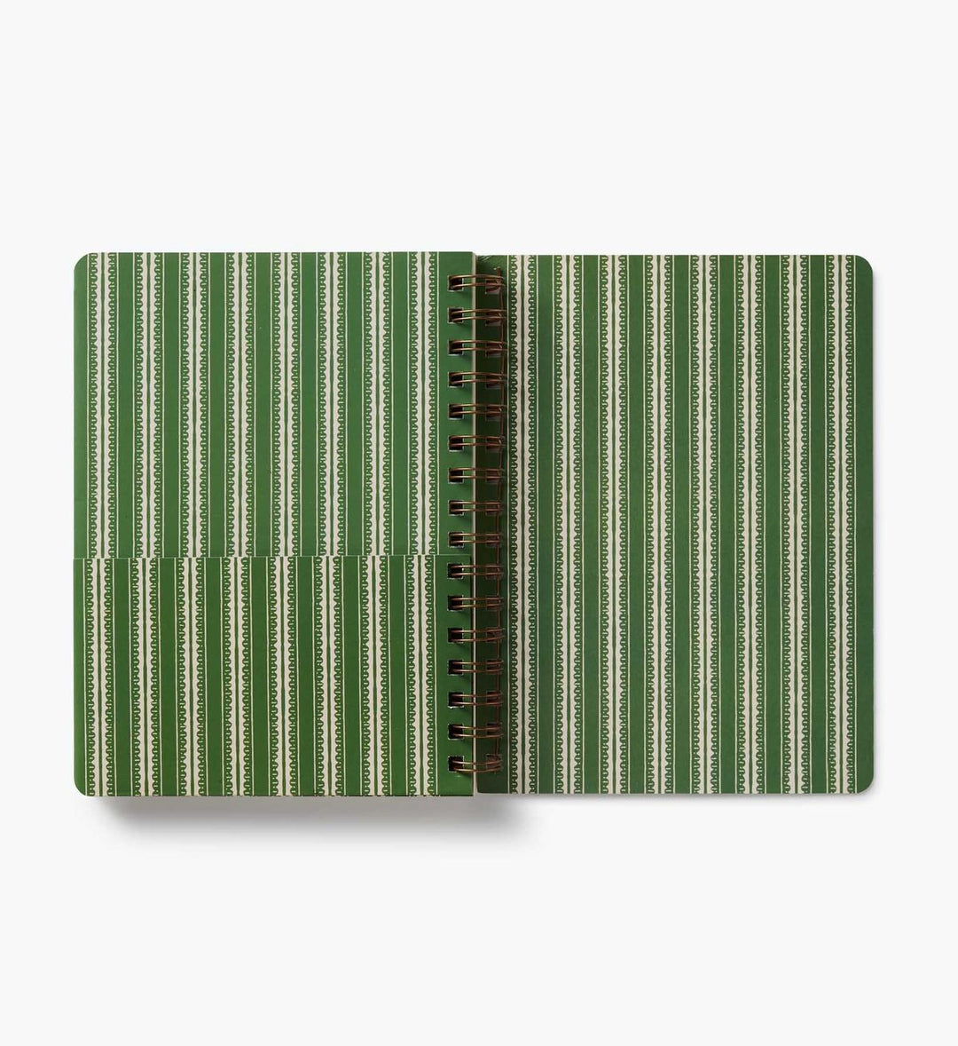 Notebook with green and beige striped cover on a white background
