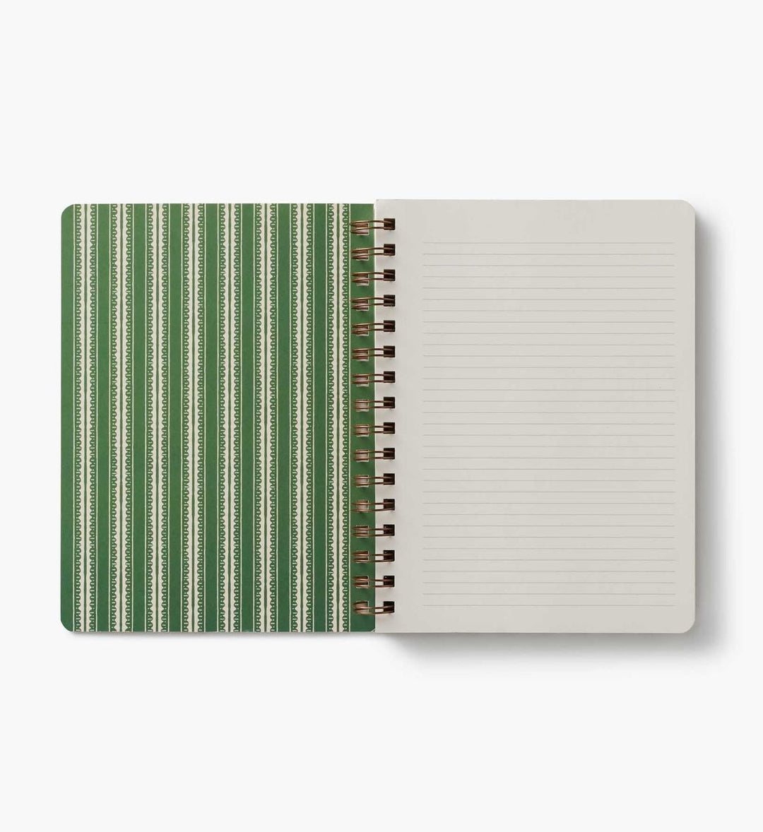 Notebook with green striped cover and beige interior on a white background
