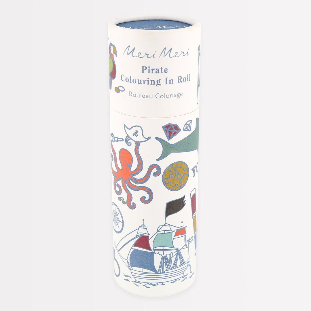 Pirate-themed colouring roll with illustrations on a white background