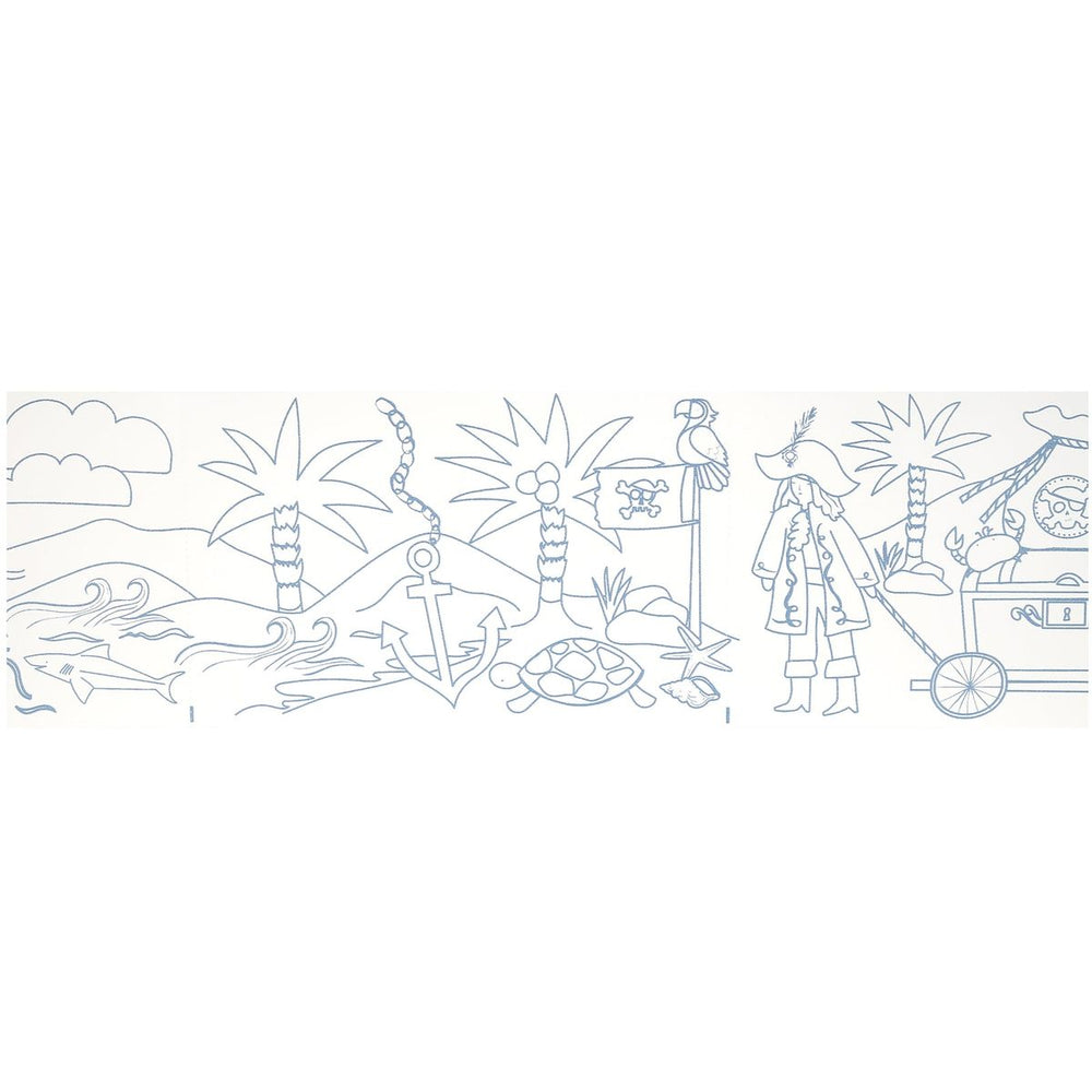 Outline illustration of a pirate scene with palm trees, a treasure chest, and a parrot on a white background.
