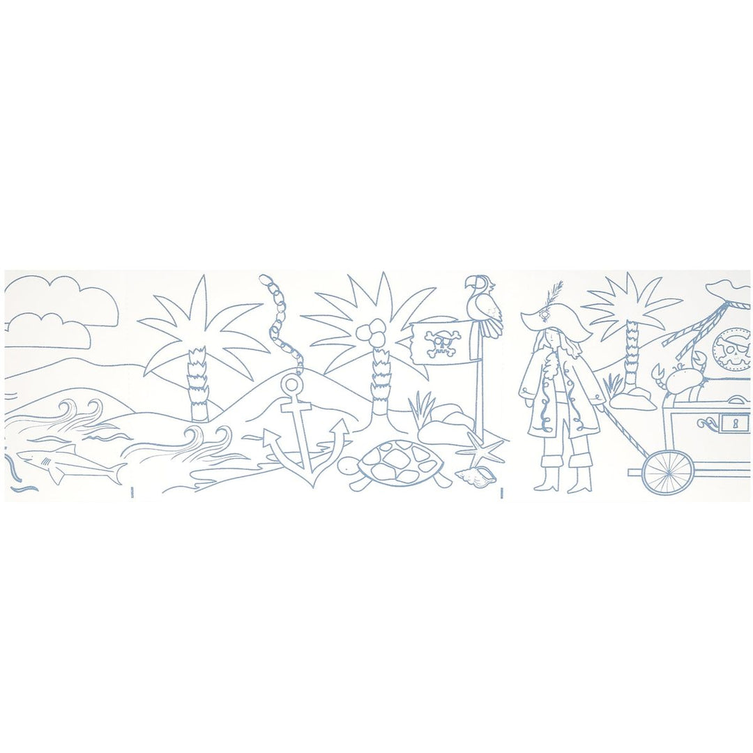 Outline illustration of a pirate scene with palm trees, a treasure chest, and a parrot on a white background.