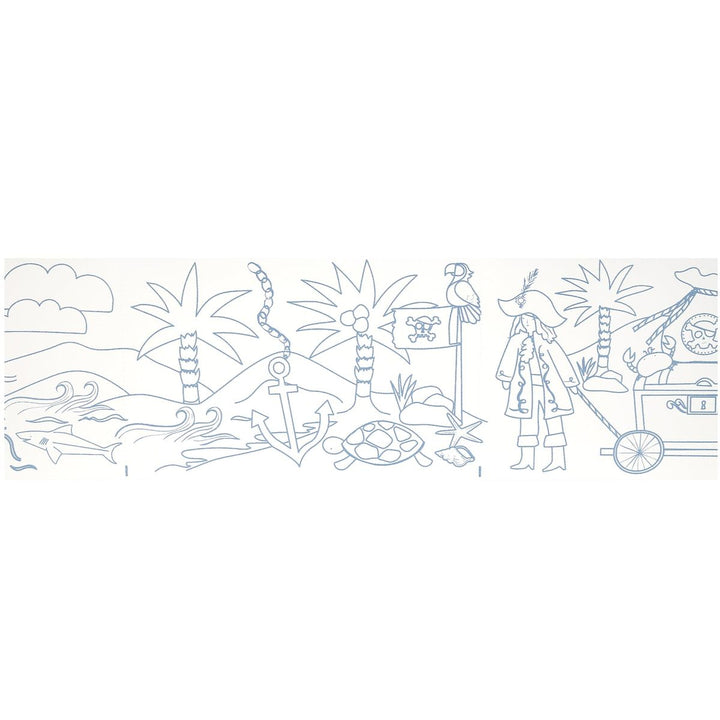 Outline illustration of a pirate scene with palm trees, a treasure chest, and a parrot on a white background.