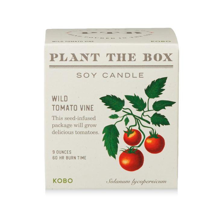 Soy candle packaging with tomato design and text on a white background