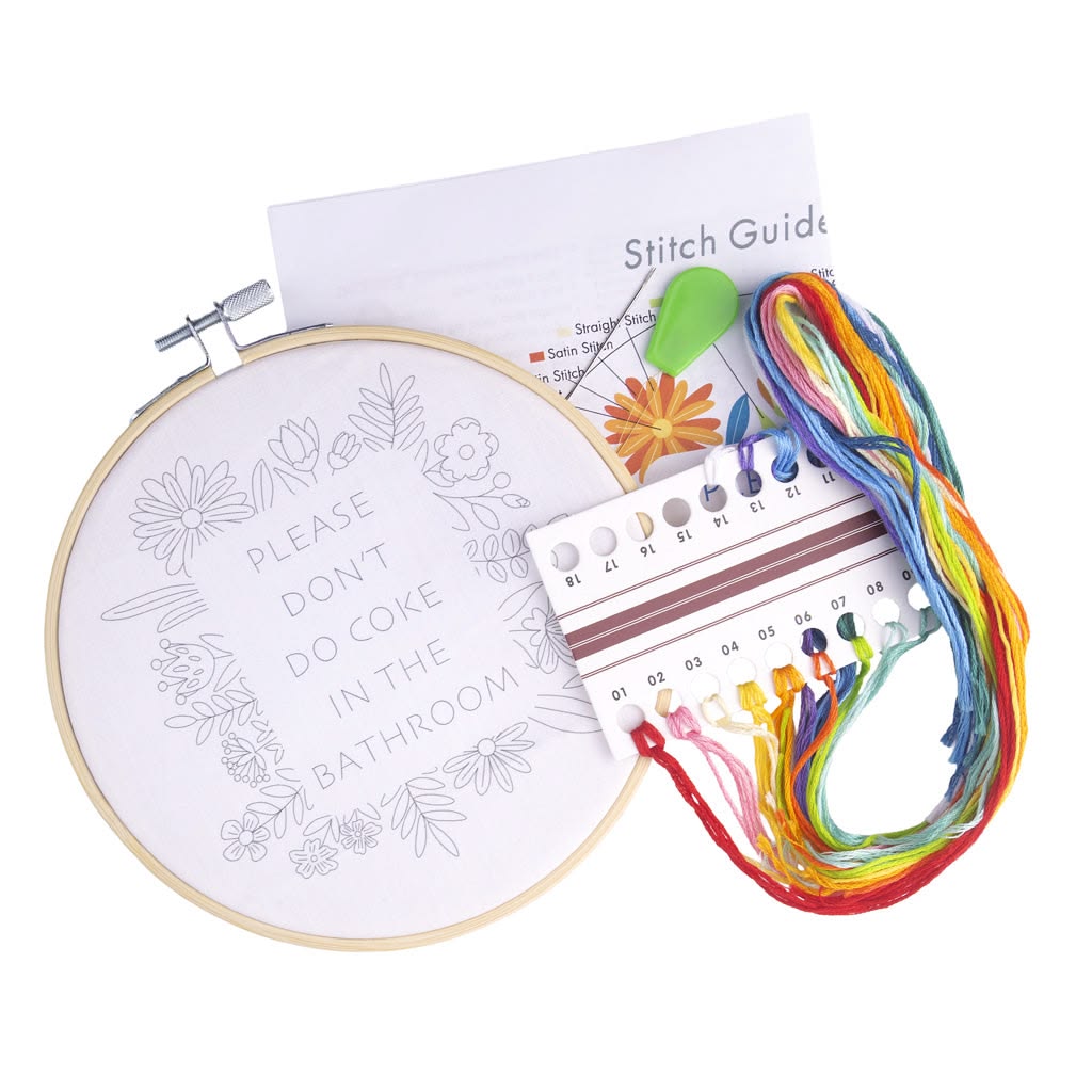 Embroidery hoop with pre-printed design, colorful threads, and a stitch guide on a white background.