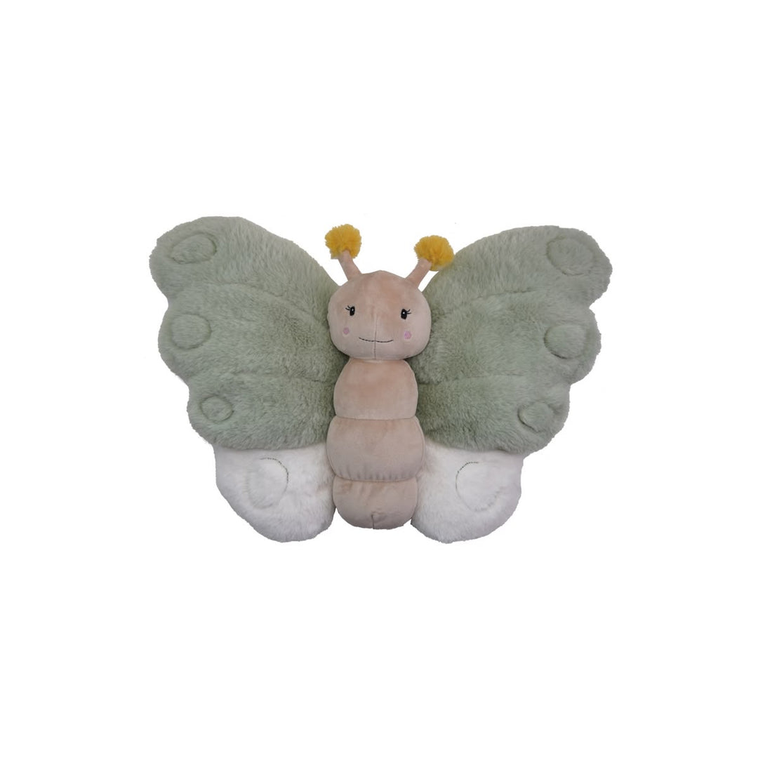 A plush butterfly toy with soft sage green wings, a pale peach body, and white feet, featuring small yellow pom-poms on its antennae, shown against a plain white background.