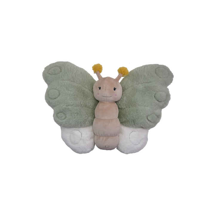A plush butterfly toy with soft sage green wings, a pale peach body, and white feet, featuring small yellow pom-poms on its antennae, shown against a plain white background.