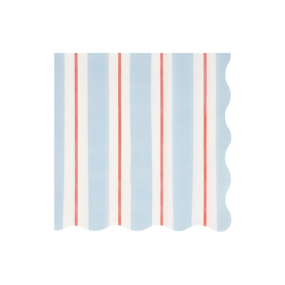 A square paper napkin with a scalloped edge, featuring a vertical stripe pattern of light blue, white, and thin red stripes, shown on a plain white background.