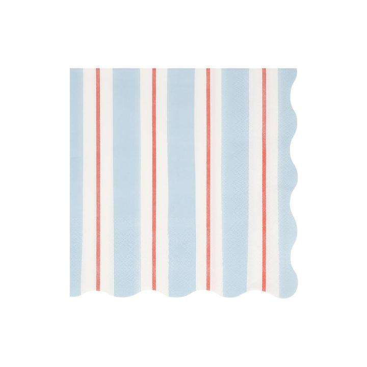 A square paper napkin with a scalloped edge, featuring a vertical stripe pattern of light blue, white, and thin red stripes, shown on a plain white background.