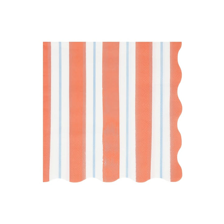 A square paper napkin with a wavy scalloped edge, featuring a vertical stripe pattern of coral orange, white, and light blue on a plain white background.