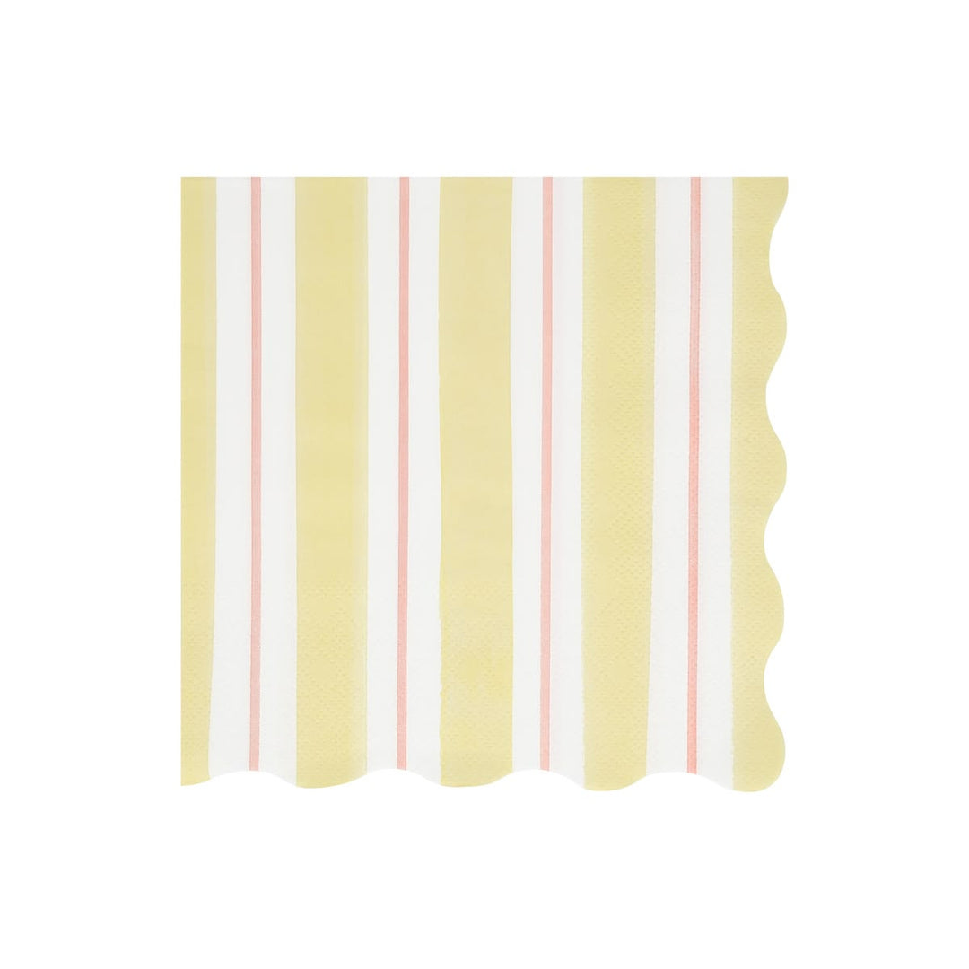 A square paper napkin with a scalloped edge, featuring a vertical stripe pattern of pale yellow, white, and thin pink stripes, shown on a plain white background.
