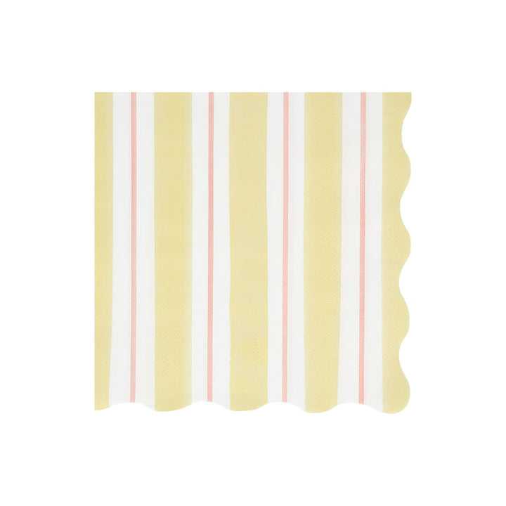 A square paper napkin with a scalloped edge, featuring a vertical stripe pattern of pale yellow, white, and thin pink stripes, shown on a plain white background.