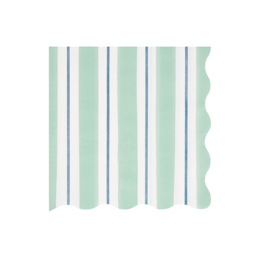 A square paper napkin with a scalloped edge, featuring a vertical stripe pattern in mint green, white, and thin blue lines, shown on a plain white background.