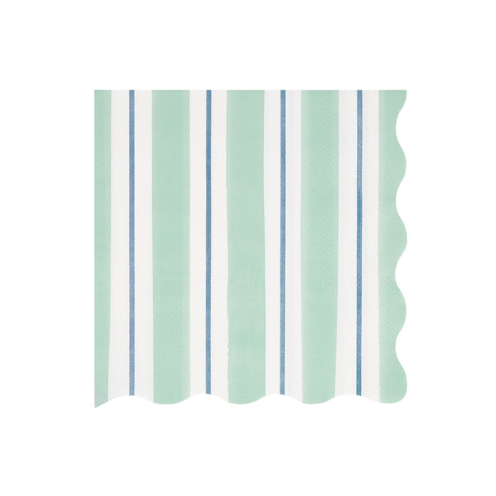A square paper napkin with a scalloped edge, featuring a vertical stripe pattern in mint green, white, and thin blue lines, shown on a plain white background.