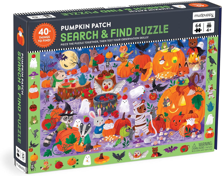 A 64-piece 'Pumpkin Patch Search & Find' jigsaw puzzle box by Mudaway, featuring a colorful illustration of various Halloween characters, pumpkins, ghosts, and animals in a spooky patch.