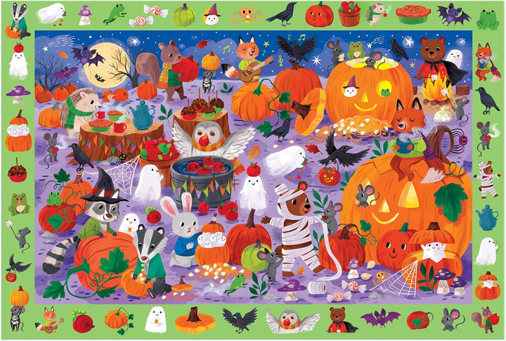 A square children's jigsaw puzzle featuring a dense, colorful Halloween scene with pumpkins, ghosts, bats, witches, animals, and autumn motifs. The central illustration has a purple ground, while the border contains small matching illustrations on a light green background.