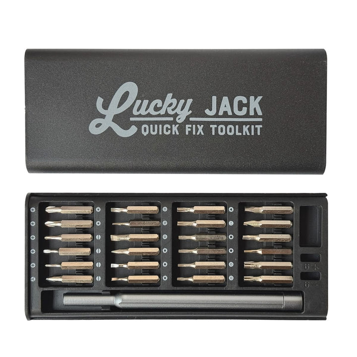 Lucky Jack quick fix toolkit with multiple drill bits on a white background