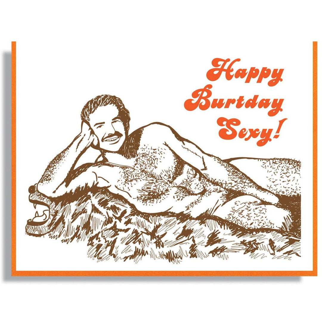 Illustration of a man lying on a bear with 'Happy Burtday Sexy!' text.