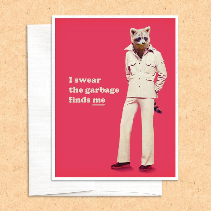 Greeting card with a raccoon character in a suit on a pink background with text.