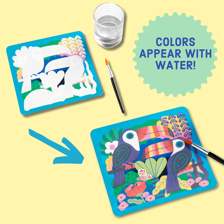 Colorful animal-themed coloring sheets with water and paint on a yellow background