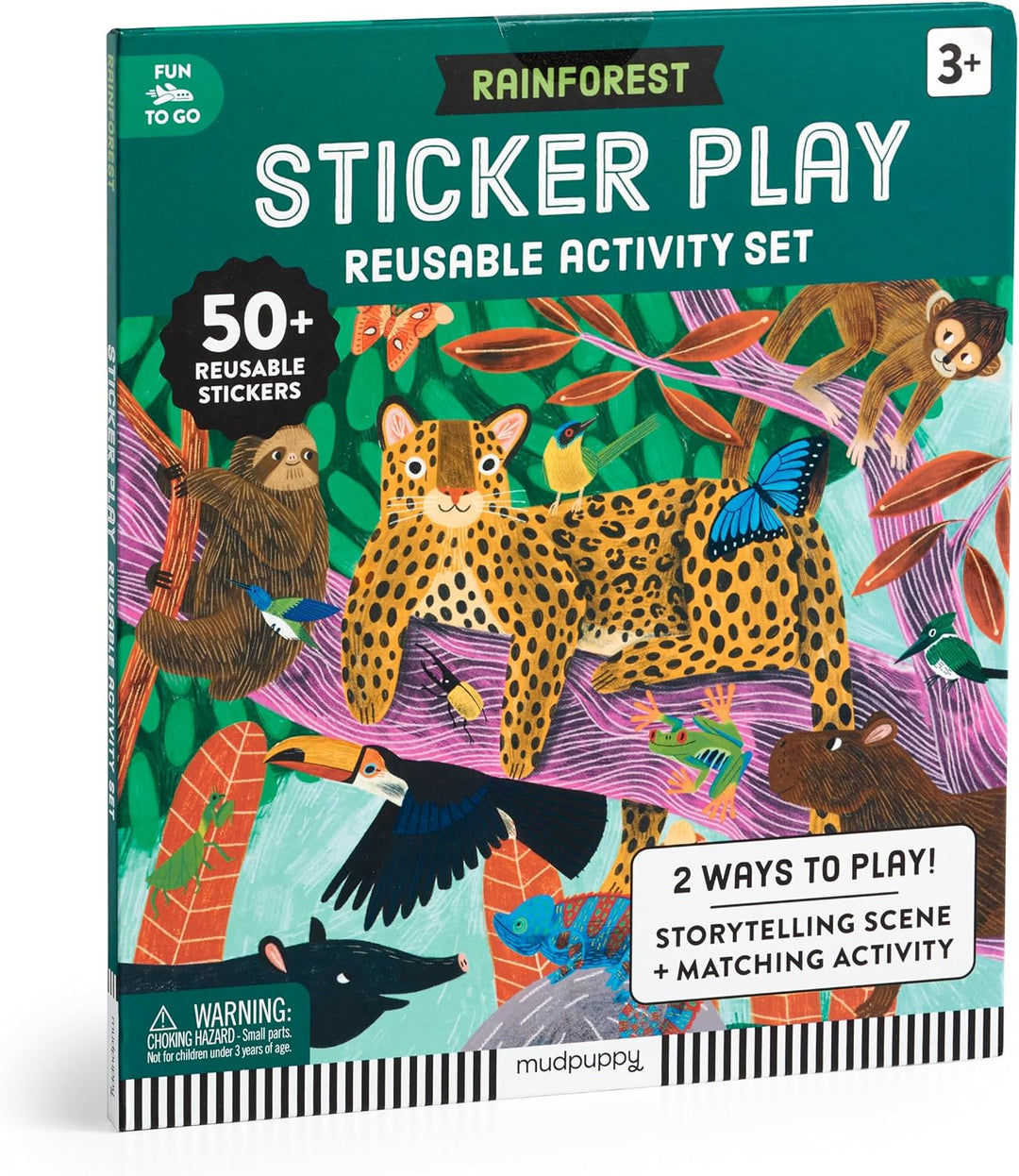 Rainforest Sticker Play Reusable Activity Set by Mudpuppy, featuring a colorful illustrated cover with a leopard, toucan, monkeys, birds, and tropical foliage on a teal background.
