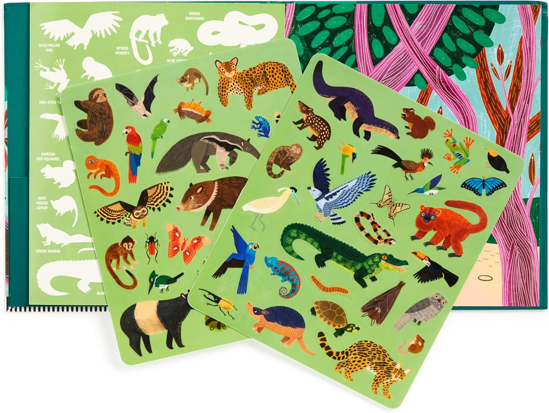 Colorful animal stickers on a green background with a forest design.
