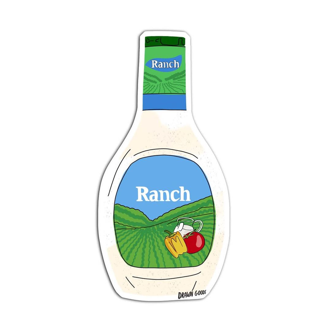 Cartoon-style ranch dressing bottle with label on a white background