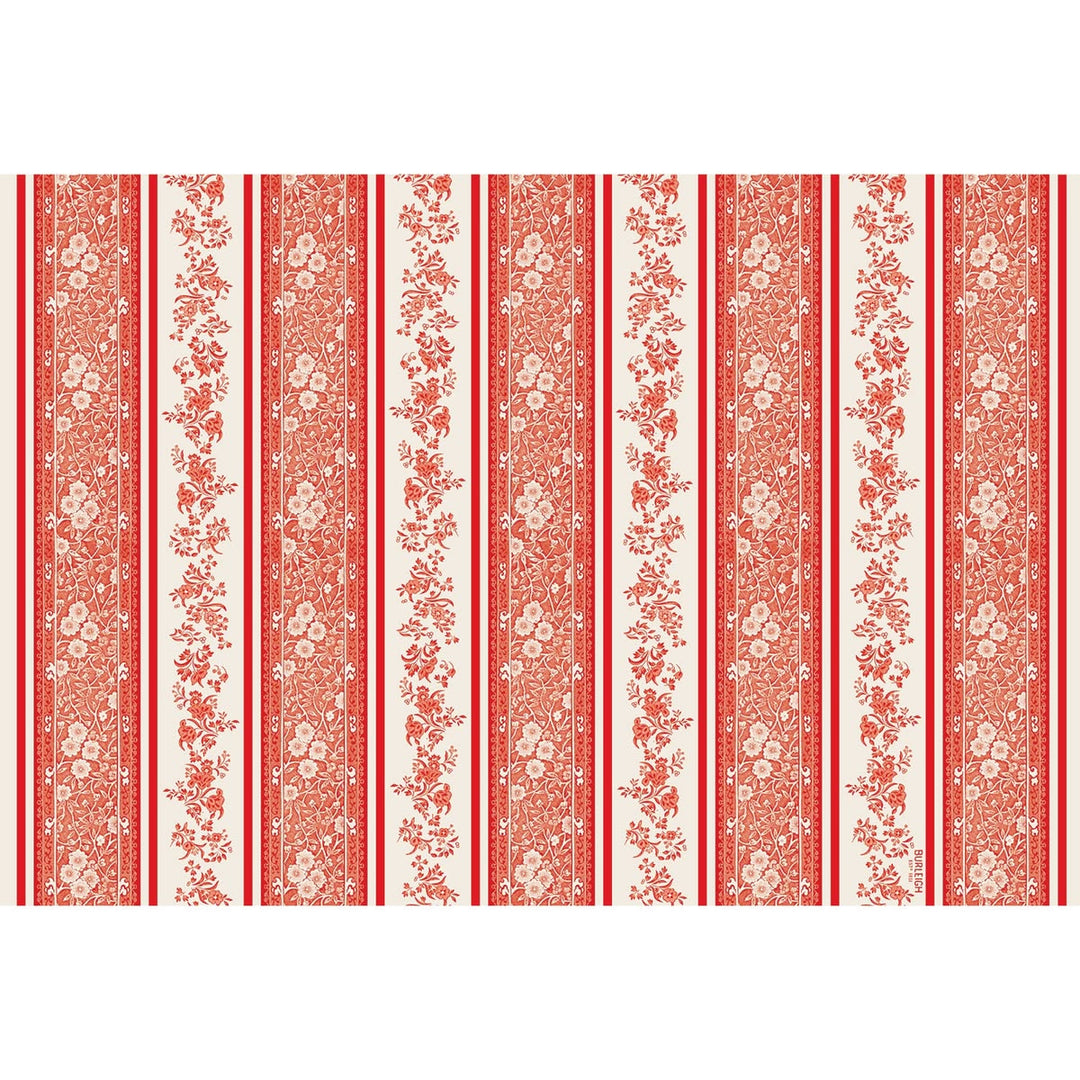 Red and white striped pattern with floral designs on a white background
