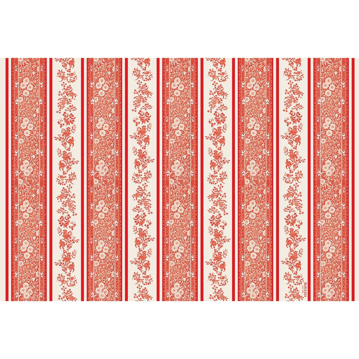 Red and white striped pattern with floral designs on a white background