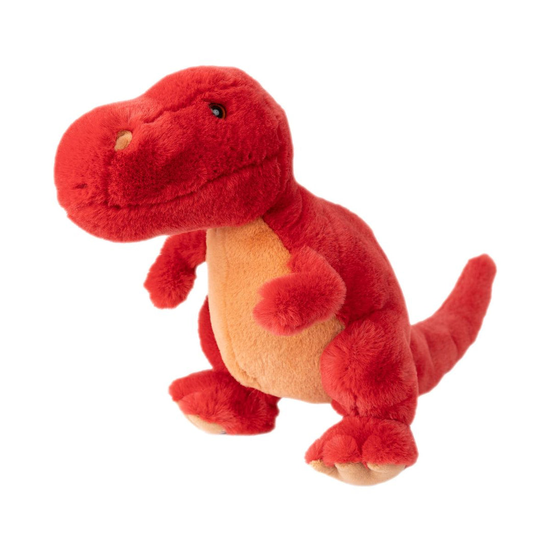 Red plush dinosaur toy on a white background