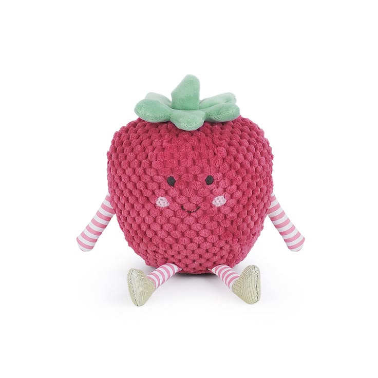A plush strawberry toy with a textured pink body, green leafy top, striped pink-and-white arms and legs, and a smiling face, photographed on a clean white background.