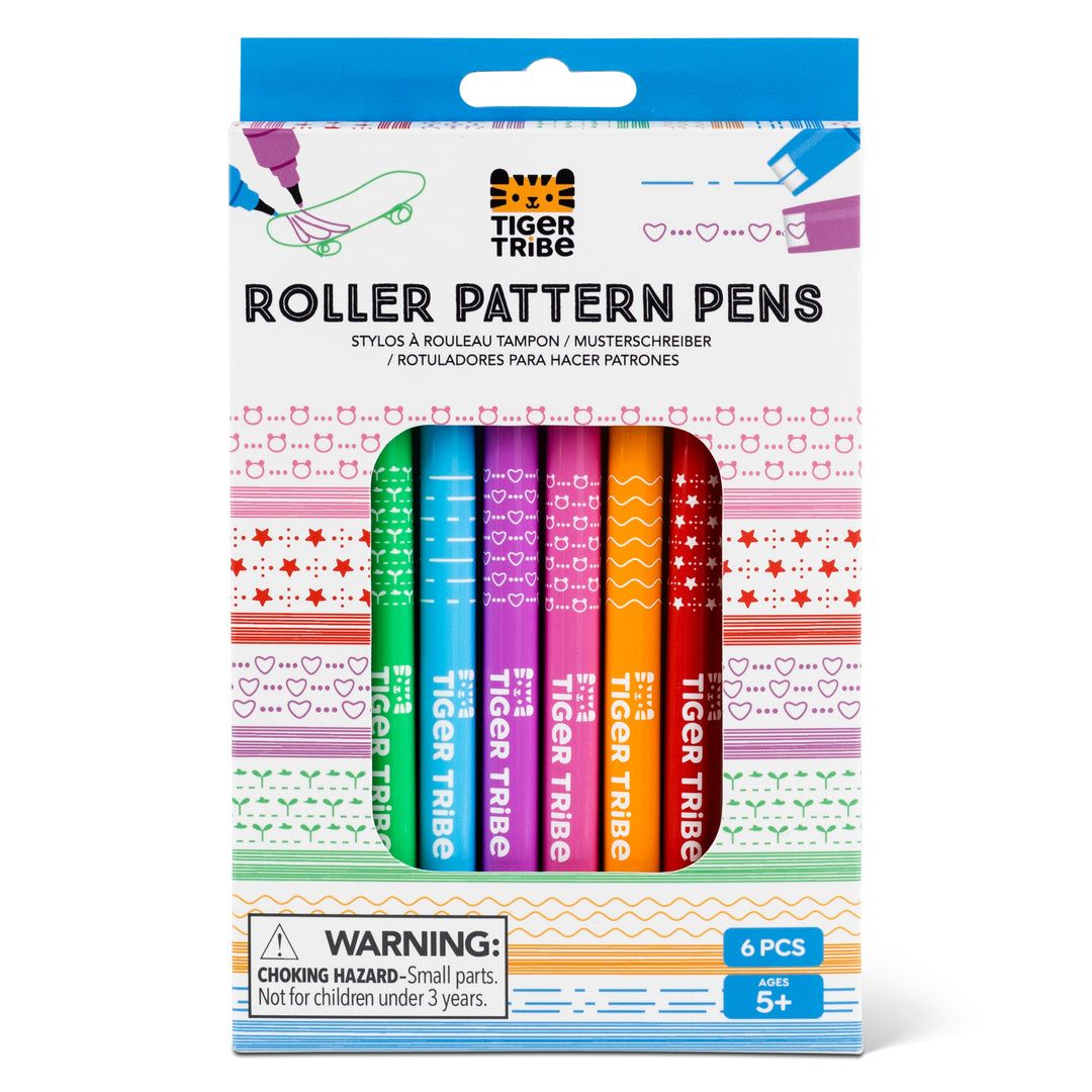 Packaging of Tiger Tribe roller pattern pens with colorful pens inside