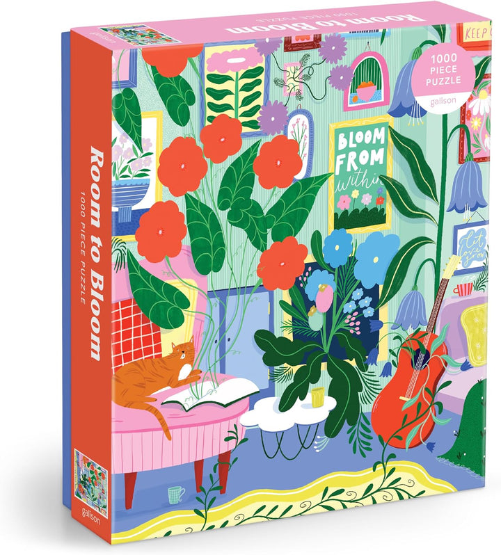 Jigsaw puzzle box with colorful floral design and 'Room to Bloom' text