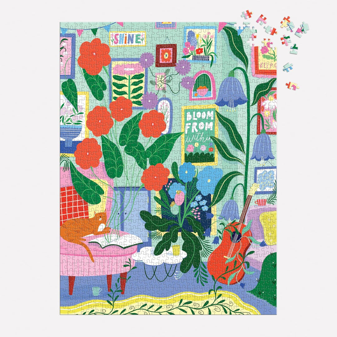 Colorful puzzle with floral and indoor plant design on a white background