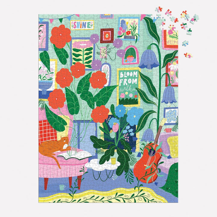 Colorful puzzle with floral and indoor plant design on a white background