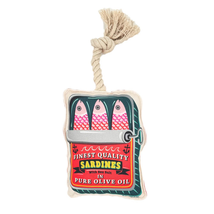 Toy resembling a can of sardines with a rope handle on a white background