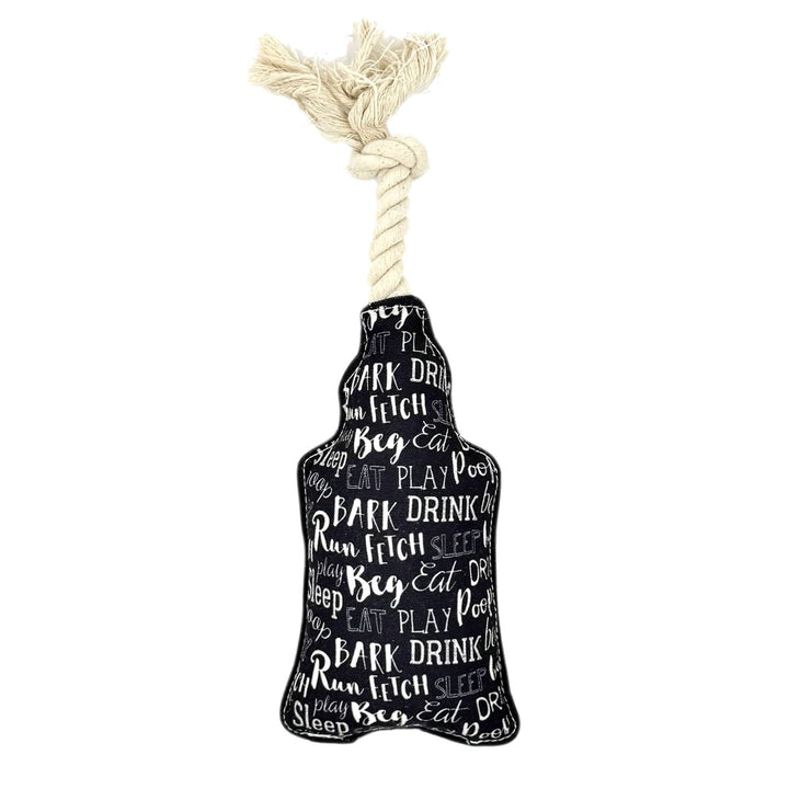Dog toy shaped like a black dog with white text on a white background