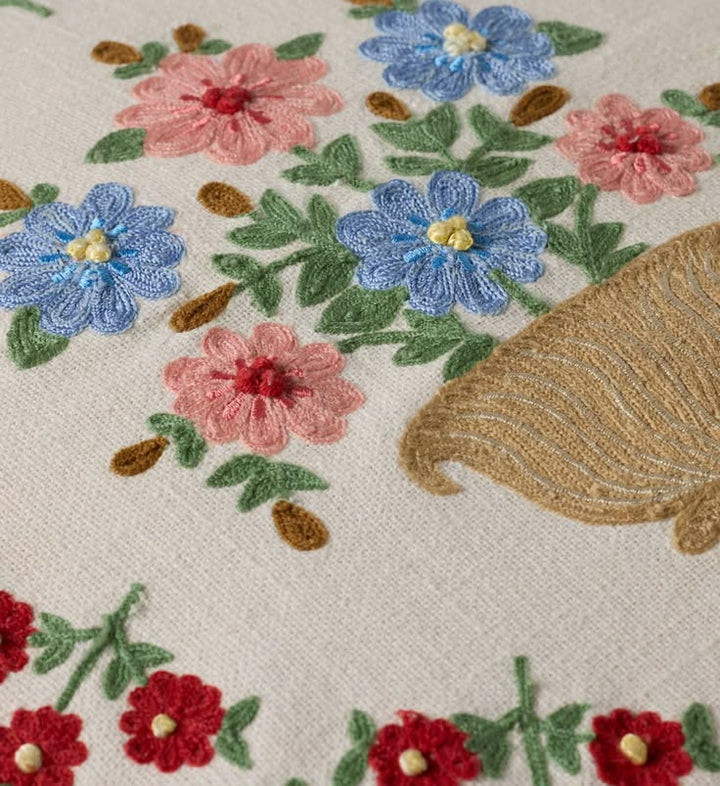 Close-up of embroidered floral design with a teacup on a white background